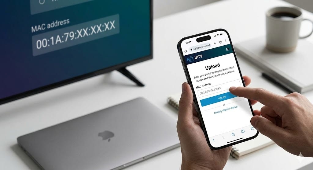 Een close-up actiefoto van een gebruiker die de Net IPTV upload portal op een smartphone invult, terwijl op de achtergrond de tv (van image_0.png) de MAC-code toont, ter illustratie van hoe je Net IPTV installeren en instellen kunt via de website.
