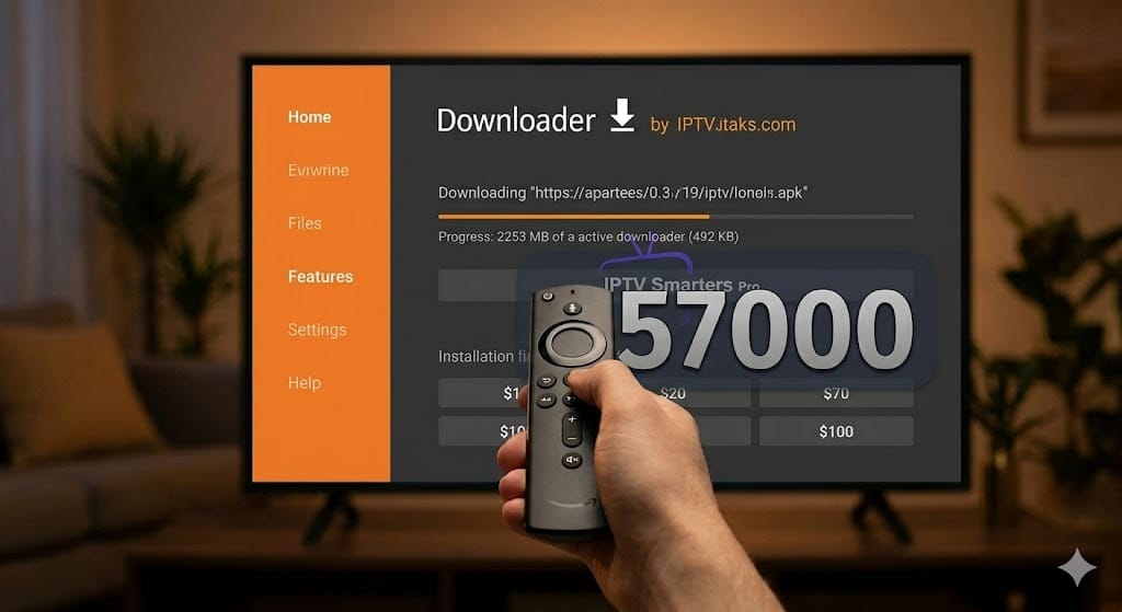 Het tv-scherm toont de Downloader app-interface met een actieve downloadvoortgangsbalk en de code 57000, gebruikt om IPTV Smarters Pro te installeren op Firestick.