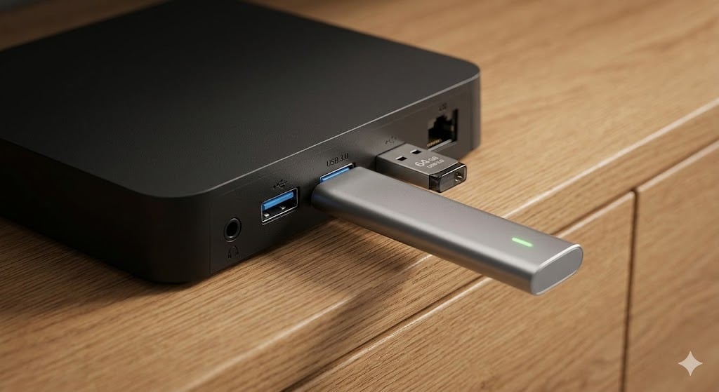 Een gedetailleerde close-up van een Android TV-box waarop een externe SSD en een USB-stick zijn aangesloten om een IPTV programma opnemen mogelijk te maken.