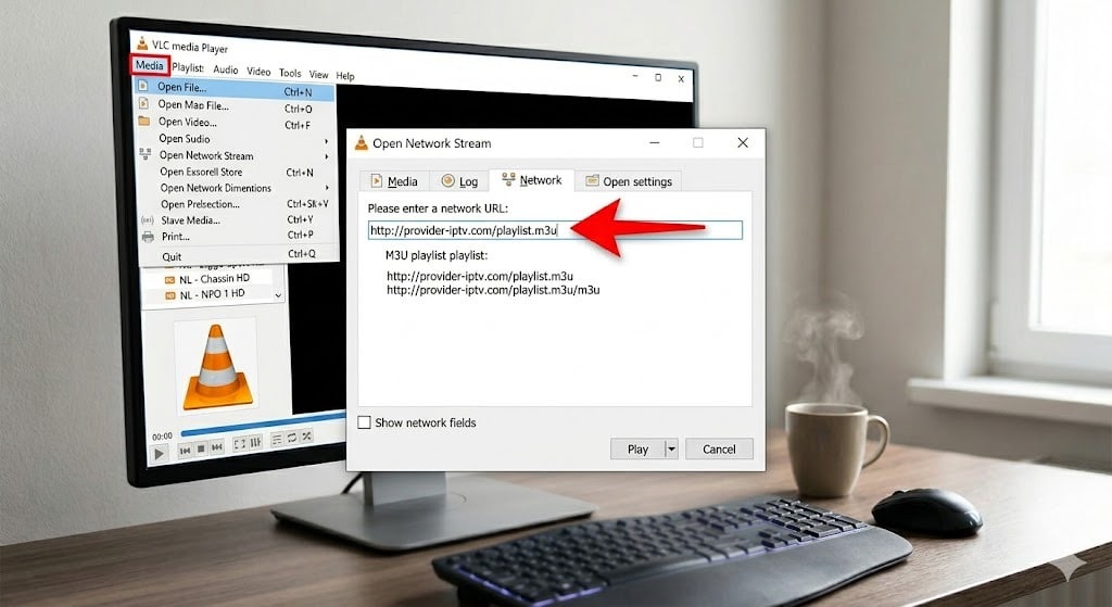 Een screenshot van de VLC interface die toont hoe je een M3U playlist URL toevoegt in het 'Open Network Stream' menu om IPTV in te stellen.