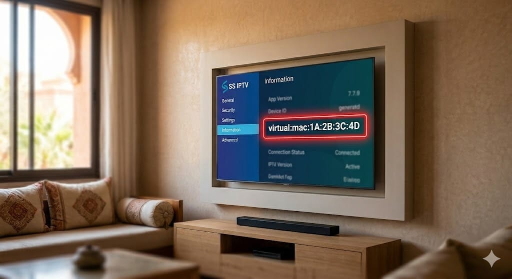 Een close-up screenshot van het SS IPTV 'Information' paneel, waarop het virtuele MAC-adres (Device ID) rood omcirkeld is voor registratie tijdens het SS IPTV installeren.