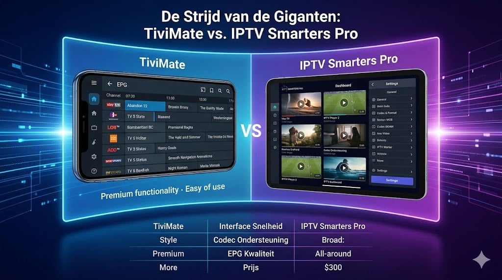 en split-screen vergelijking tussen de TiviMate EPG-interface en de IPTV Smarters Pro dashboard-interface voor efficiënt Xsarius IPTV instellen.