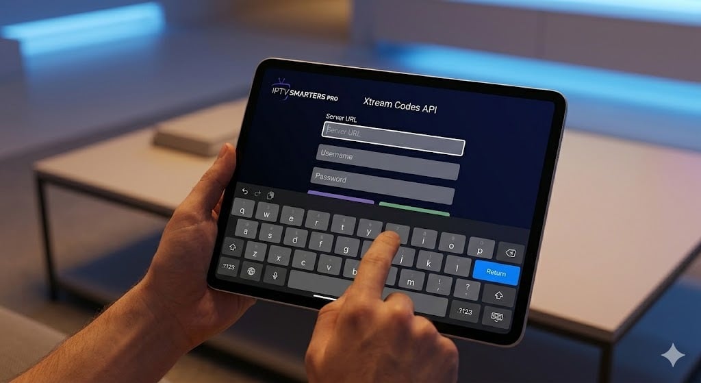 Een close-up van de lege inlogvelden voor Xtream Codes API in de IPTV Smarters Pro applicatie, klaar voor configuratie op een tablet.