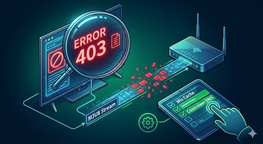 Een technische diagram illustratie die laat zien hoe netwerkinstellingen en fouten, zoals Error 403, verbindingen kunnen blokkeren wanneer IBO Player werkt niet.