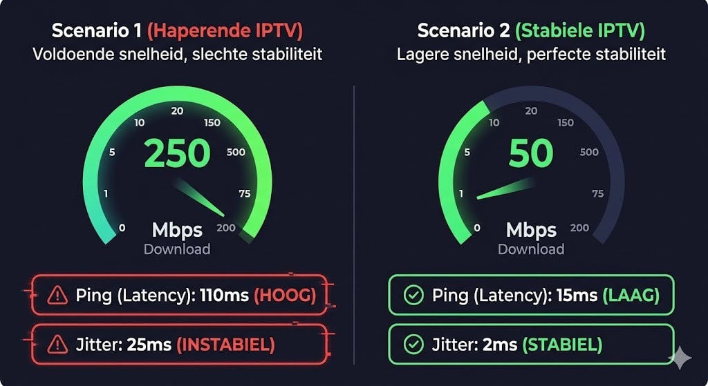Een vergelijkende infographic die laat zien hoe hoge ping en jitter een IPTV storing veroorzaken, zelfs bij een hoge downloadsnelheid van 250 Mbps.