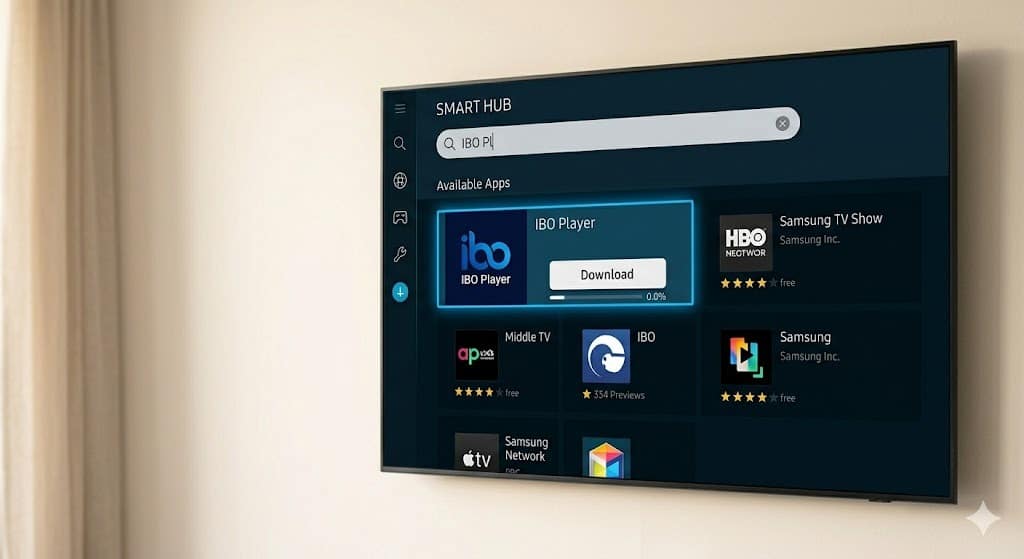 Een close-up van het Samsung Smart Hub scherm waar wordt gezocht naar 'IBO Pl', de eerste stap bij IBO Player installeren op een Smart TV.