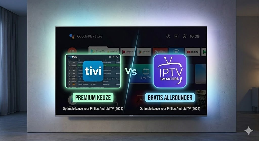 Een gesplitst scherm vergelijking op een Philips Android TV tussen TiviMate (Premium) en IPTV Smarters Pro (Gratis) om de Beste IPTV app voor Philips TV (2026) te kiezen.