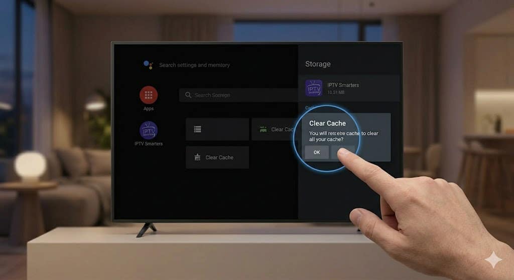 Een gebruiker navigeert door de Android TV instellingen om de cache te wissen van IPTV Smarters dat blijft hangen bij account wisselen.