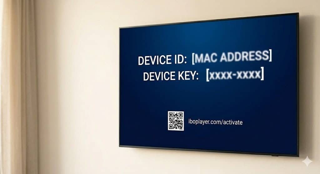 Het activatiescherm op de TV-app toont de Device ID en Device Key, essentieel voor de IBO Player activatiecode en het toevoegen van zenders.