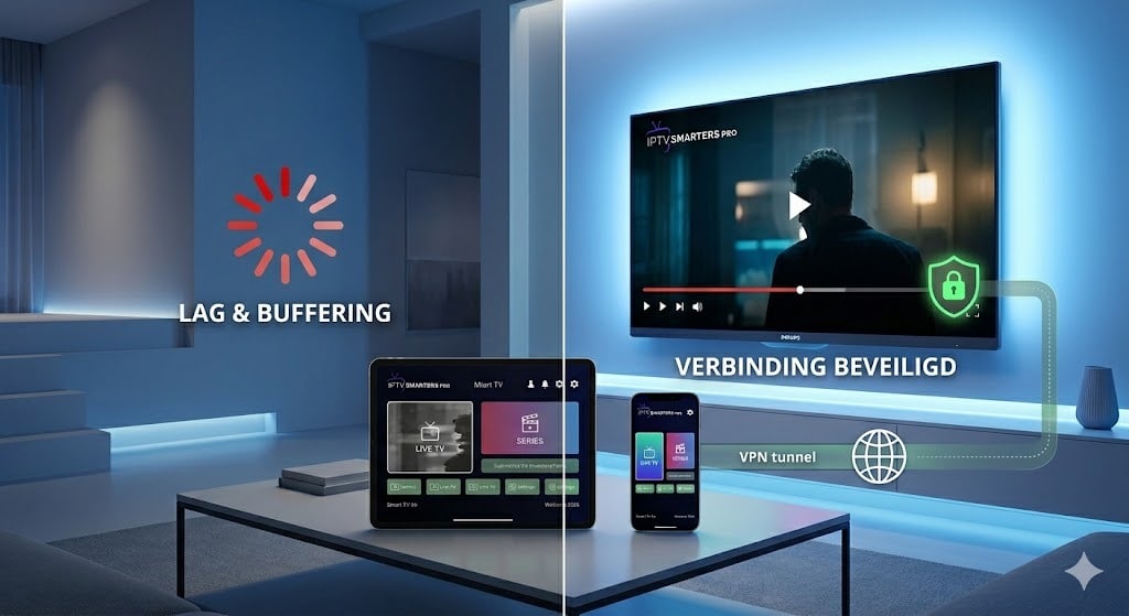 Een vergelijking van een haperende stream vs. een soepele stream via een beveiligde verbinding, essentieel voor IPTV Smarters Pro instellen zonder buffering in Nederland.