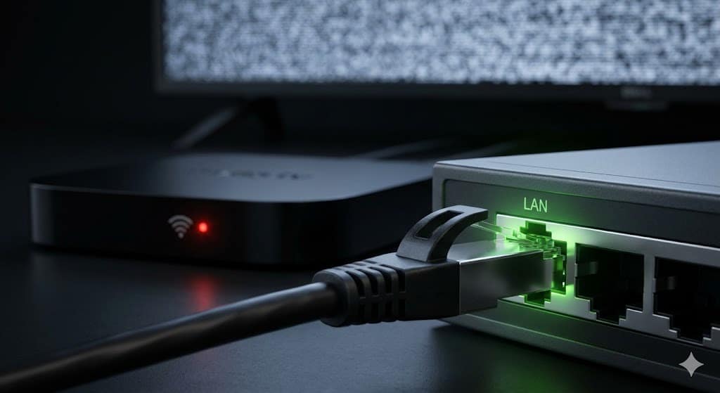Een macro dynamic shot die contrasteert tussen een zwak rood Wi-Fi signaal op een TV Box en een sterke, groen-verlichte Ethernet-kabelverbinding; visualisatie van netwerkstabiliteit als IPTV Smarters Pro werkt niet meer.