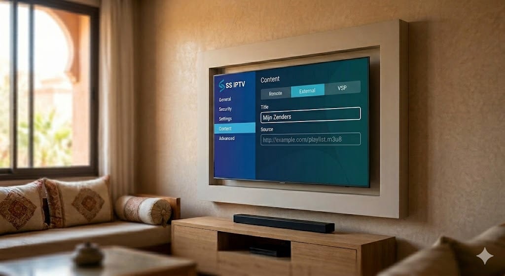 Screenshot die toont hoe een externe M3U-playlist URL wordt toegevoegd aan de SS IPTV-app na het succesvol SS IPTV installeren.
