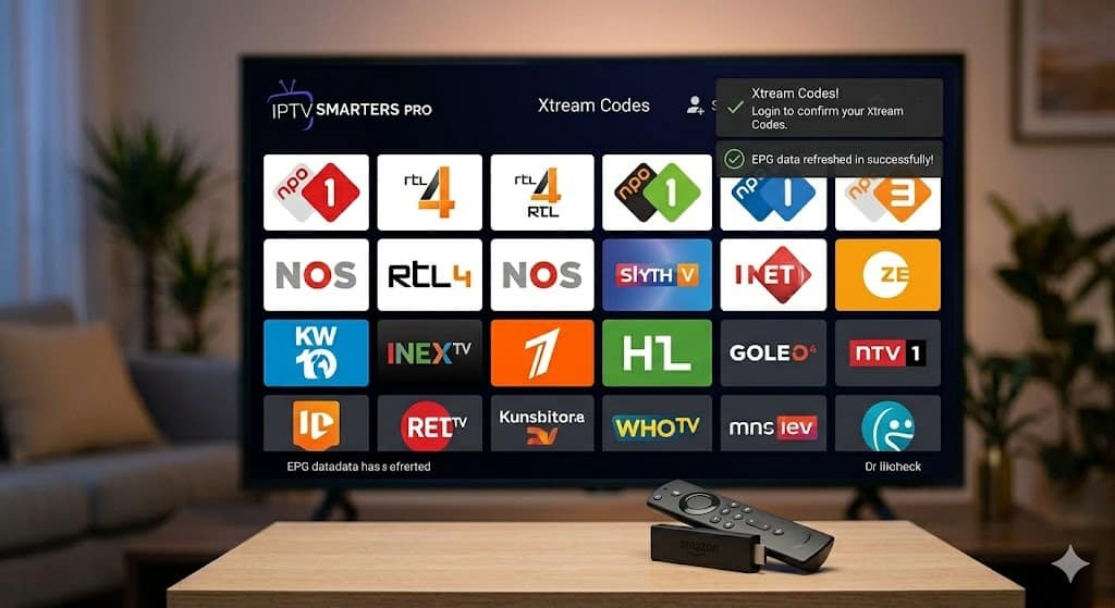 Een opgestart tv-scherm in een woonkamer toont de IPTV Smarters Pro-interface met een raster van Nederlandse zenderlogo's, nadat de gebruiker succesvol de app heeft geïnstalleerd op de Firestick.