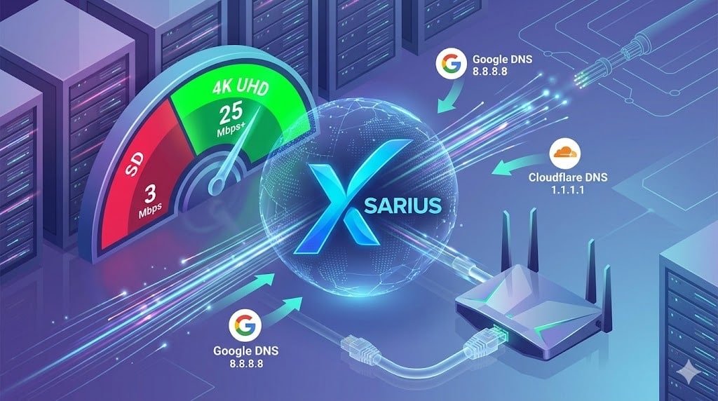 Een netwerkoptimalisatie-infographic die de vereiste 25 Mbps snelheid voor 4K en DNS-tweaks toont voor succesvol Xsarius IPTV instellen.