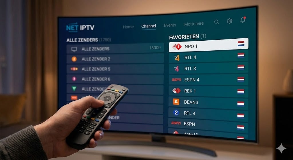Een close-up actiefoto van een gebruiker die de 'FAVORIETEN' lijst navigeert op de Smart TV (van image_0.png) met een georganiseerde lijst Nederlandse zenders, ter illustratie van hoe je Net IPTV installeren en instellen kunt voor optimaal gebruik.