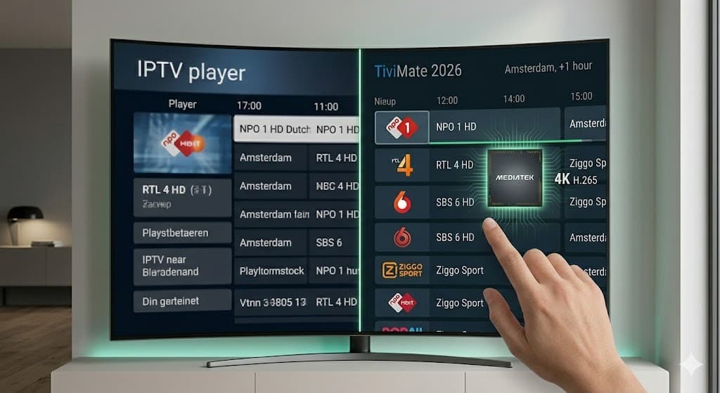 A curved TV showing an optimized TiviMate EPG with Amsterdam time vs a generic player, emphasizing performance for TiviMate instellen Android TV.