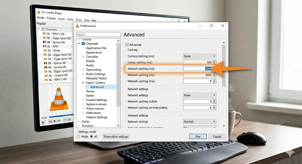 Screenshot van de geavanceerde VLC voorkeuren die laten zien hoe je de Network Caching verhoogt naar 5000ms om buffering bij IPTV kijken te voorkomen.