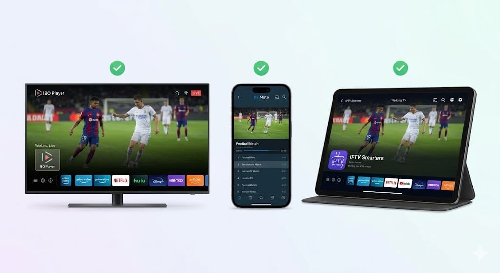 Een vergelijking van werkende IPTV-apps op een Smart TV, smartphone en tablet, ter illustratie van oplossingen voor gebruikers wiens IBO Player werkt niet.