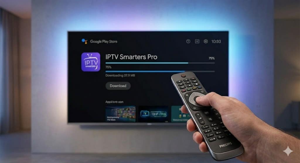 Een close-up shot van een hand die een Philips TV-afstandsbediening gebruikt om de installatie van Beste IPTV app voor Philips TV (2026) (IPTV Smarters Pro) te voltooien.