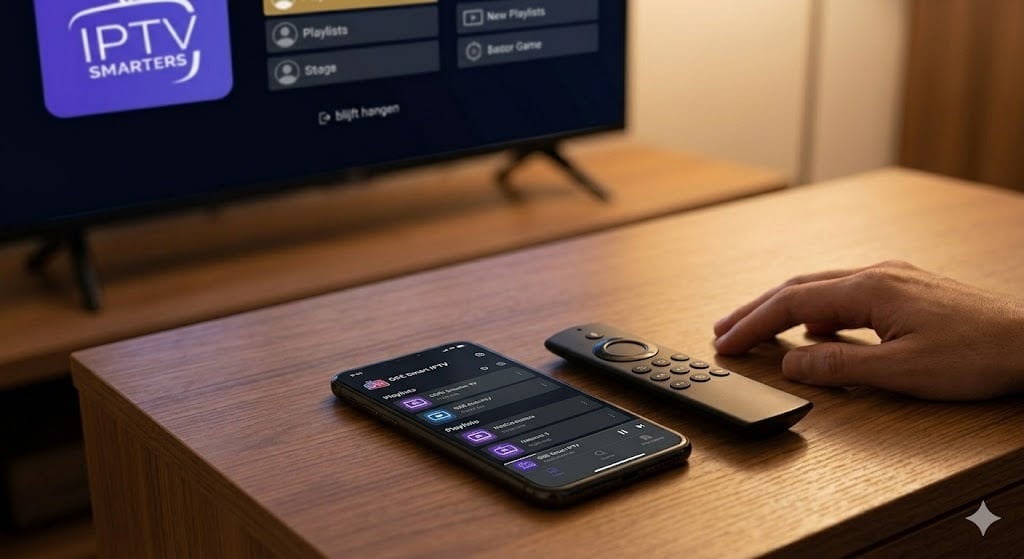 Een geoptimaliseerde setup met een smartphone die een stabiel alternatief toont voor IPTV Smarters dat blijft hangen bij account wisselen.