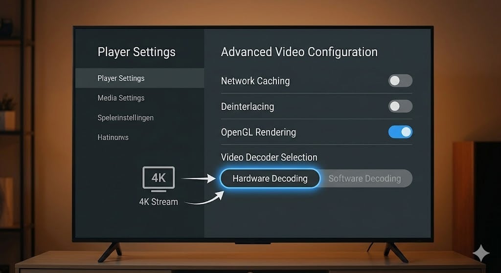 Een schermafbeelding van de geavanceerde spelerinstellingen in een IPTV app, waar de optie 'Hardware-decodering' (Hardware Decoding) blauw is geactiveerd om een hardnekkige IPTV storing met een zwart scherm op te lossen.