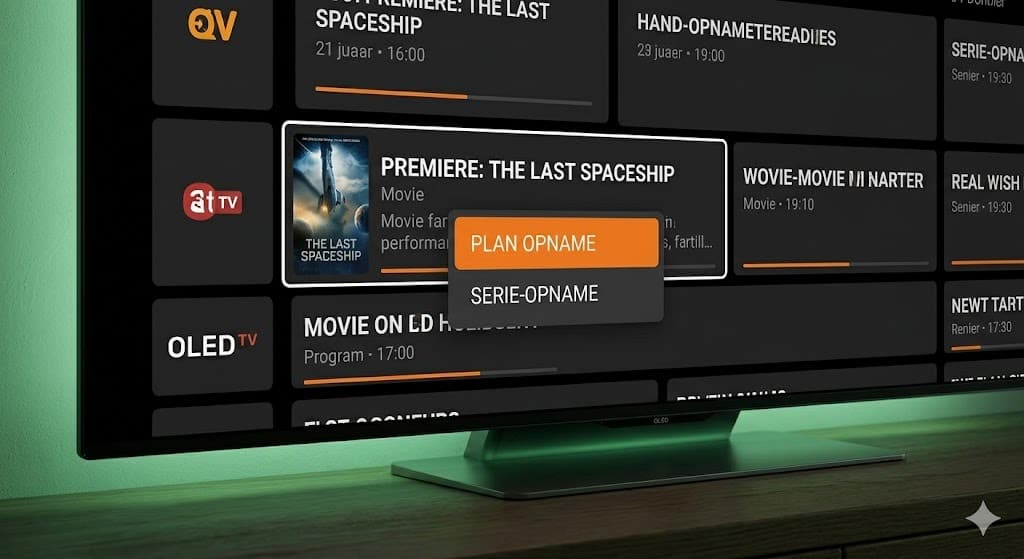 Een close-up van een OLED-tv-scherm met de EPG-interface, waar de gebruiker de optie 'PLAN OPNAME' selecteert om een IPTV programma opnemen in te plannen.