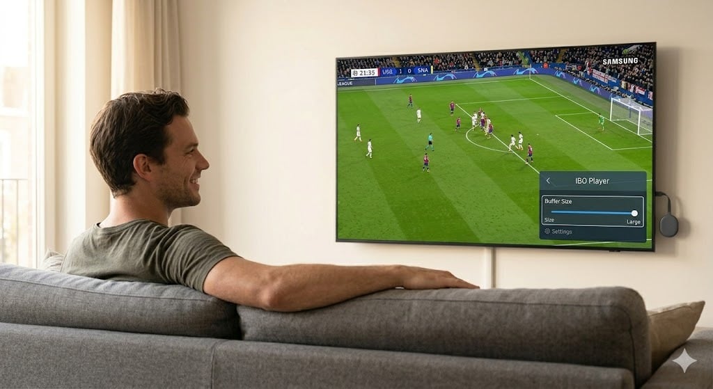Een tevreden gebruiker kijkt naar een vloeiende HD-sportstream op TV via IBO Player, met de IBO Player instellingen geoptimaliseerd voor Ziggo/KPN.
